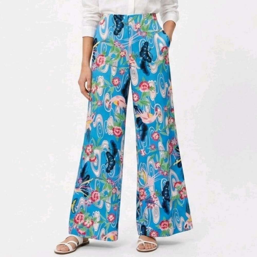 Zara High Waisted Palazzo Pants Women's S Wide Leg Butterfly Floral Print Satin